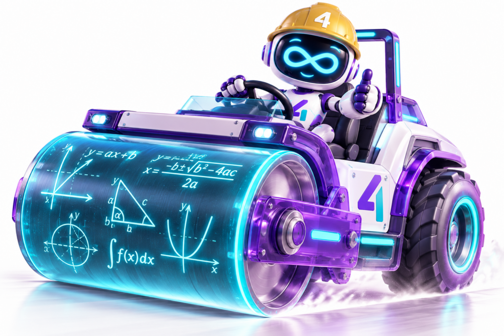 Uśmiechnięty robot Mat w złotym kasku prowadzi futurystyczny walec z fioletowych i turkusowych brył geometrycznych. Na bębnie walca świecą wzory matematyczne.