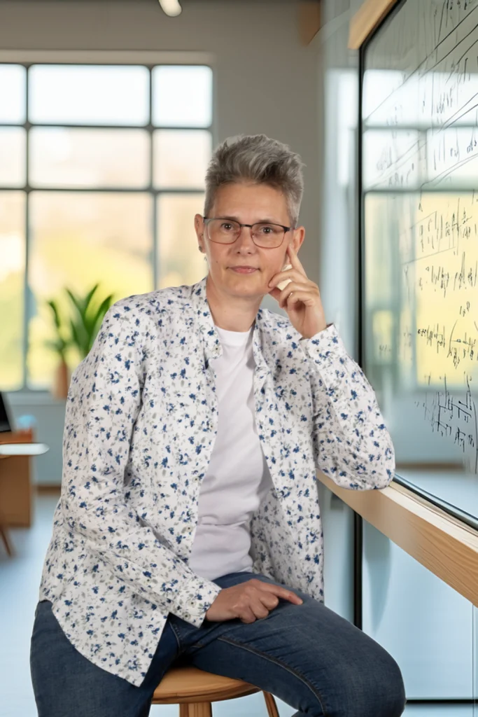 Beata Szulz, nauczycielka matematyki i prowadząca Go4Mat LIVE, siedzi obok tablicy matematycznej.